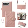 Adecuado para Apple Duo, funda de teléfono plegable con cordón, a prueba de caídas, correa de muñeca para iPhone Duo, funda tipo cartera tipo flip, funda de cuero con patrón de diamantes