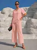 Conjunto de Verano para Mujer de Color Sólido Casual con Cuello en V y Manga Corta, y Pantalones Anchos Acortados - Cruzado Europeo y Americano Amazon Tk