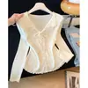 Diseño Nuevo Otoño/Invierno Encaje Fruncido Patchwork Cuello en V Manga Larga Tejido Capa Base Superior para Mujer Estilo Coreano