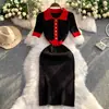 Estilo Coreano Elegante Socialité Estilo Hong Kong Estilo Europeo y Americano Cuello Polo Hebilla Metálica Vestido de Seda Helada Longitud Media Por Encima de la Rodilla
