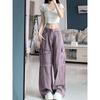 Conjunto Dopamina Pantalones Cargo Morados para Mujer, Otoño e Invierno Tallas Grandes Retro de Cintura Alta Sueltos de Pierna Ancha Largos hasta el Suelo