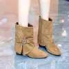 Hebilla de Cinturón Estilo Coreano Botines Mujer Invierno Punta Cuadrada Pequeña Aumentador de Altura Terciopelo Pies No Cansados Botas de Moda Botas para Pantalones Botas con Forro de Terciopelo