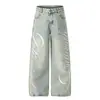 Pantalones de Mezclilla Lavados con Estampado de Letras y Pedrería Hotfix para Hombre y Mujer 2026 Otoño Nuevo Estilo Adelgazantes de Pierna Ancha Pantalones Largos Modernos