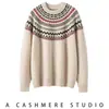 Suéter de Punto Jacquard Fair Isle de Cuello Redondo de Cachemira para Mujer SimpleRetro, Invierno, Puerto, Tejido Perezoso y Suave