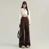 Jeans de Pierna Ancha Marrón Teñido de Alta Calidad para Mujer Otoño e Invierno Nuevos de Cintura Alta Sueltos Adelgazantes Pantalones Rectos Cortos