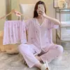 Pijama de verão de manga curta para uso externo, três peças, estilo coreano, doce, fofo, cardigã, roupa caseira feminina, atacado direto da fábrica