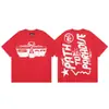 2025 Camiseta Casual Holgada Retro de Manga Corta Unisex Tendencia Americana High Street Estrella del Infierno Infierno Estampado Pesado