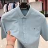 Camisa de Manga Corta para Hombre American Tommy Verano Nuevo Algodón Puro Moda de Gama Alta Bordada Camisa Base Sin Planchar Ropa para Hombre