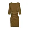 Vestido Bodycon Puro Desejo com Gola Canoa, Manga Média, Cintura Marcada com Pregas, Novo Curto Liso Slim Fit para Meninas Quentes