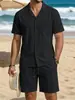 2026 Conjunto de Playa de Algodón y Lino de Cuatro Estaciones Estilo Americano Transfronterizo para Hombre, Casual, Holgado, Transpirable, Manga Larga, Camisa de Cinco Puntos
