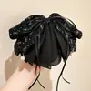 Grampo de Garra para Rabo de Cavalo com Laço de Fita de Cetim com Bolinhas High-End Retro Outono Inverno Novo Grampo para Cabelo Meio Preso na Nuca para Mulheres