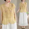 Nueva blusa de encaje bordado estilo chino de manga corta para mujer, nueva blusa vintage de algodón y lino para mujer, verano 2026