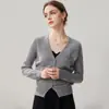 Nova coleção outono e inverno: cardigã feminino oversized com decote V e apliques florais, cor sólida, feito de cashmere, curto e grosso