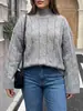 Ropa europea y americana transfronteriza para mujer de talla grande, nuevo suéter de punto trenzado suelto de otoño e invierno con cuello medio alto y mangas acampanadas