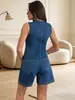 Conjunto de mezclilla para mujer transfronterizo: Chaleco de cuello en V + pantalones vaqueros de longitud media, conjunto casual y fresco de dos piezas a la moda