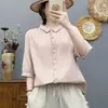 Camisa Feminina de Renda com Carcela, Manga Média, Cor Sólida Simples, Estilo Casual Preguiçoso, Caimento Solto, Gaze de Camada Dupla, Algodão Puro 67180