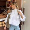 Verão 2025 Francês Casual Branco Gola Redonda Manga Bufante Blusa Feminina Solta Chique Sem Costas com Cadarço Roupas Femininas