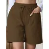 Pantalones cortos casuales de lino holgados de nuevo estilo para verano, transfronterizos europeos y americanos, con bolsillos, color liso, talla grande, de pierna ancha y cintura alta para mujer