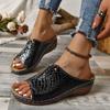 Transfronterizo Nuevo Tallas Grandes Pantuflas Suela Gruesa Cuña Boca de Pez Costura de Coche Casual Comercio Exterior de Mujer Patrón de Cocodrilo PU Pantuflas de Mujer