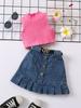 Amazon ropa infantil transfronteriza chaleco de color sólido para niña top sin mangas mezclilla falda plisada con bolsa abierta traje cinturón