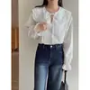 Blusa de Renda Crochê Goming Estilo Francês com Cadarço e Gola Peter Pan Manga Longa Outono AN1323