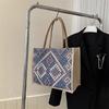 Bolso de Mano Floral Portátil Estilo Coreano de Gran Capacidad para Mujer con Rayas de Algodón y Lino Bolsa de Tote para el Trabajo y el Viaje