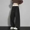 Calça de moletom reta com cós color block personalizado/estilo americano, de tecido pesado e com bom caimento, para homens e mulheres, modelagem solta e que afina, para esportes e lazer no outono