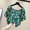 Camisa Chiffon Pequena Floral Fresca, Top Sexy de Um Ombro Expondo a Clavícula para Mulheres, Estilo Verão, Roupas de Manga Curta Fora do Ombro
