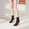 1082A Outono e Inverno Camurça Forrado com Fleece Bico Fino Preto Salto Alto Feminino Stiletto Elegante Impermeável Plataforma Aumentando Pernas Botas Curtas Slim