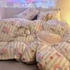 Juego de cama de cuatro piezas estilo Ins de dibujos animados con lunares, sábanas para cama de dormitorio estudiantil, sábanas, funda de edredón, juego de tres piezas, algodón lavado