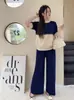 Suéter de Punto Transfronterizo Verano Manga Corta Nuevo Estilo Coreano Reductor de Edad Encaje Ganchillo Empalme Cuello Redondo Jersey Holgado Traje de Punto