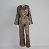 Conjunto de Pijama Longo de Manga Longa e Calça Longa de Seda Imitação Transfronteiriço Estilo Novo Outono e Inverno 2025 Europeu e Americano Pijama com Amarração Roupa de Dormir de Comércio Exterior