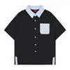 Camisa Retro Americana de Retazos y Bloques de Color de Manga Corta para Hombres y Mujeres, Estilo Universitario de Verano, Corte Holgado, Camisa Casual Versátil para Parejas, Moderna