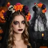 Nueva Diadema de Cabeza de Calavera para Halloween Velos de Encaje de Caléndula Europeos y Americanos Chal Diadema de Fiesta Tocado del Día de Muertos