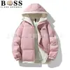 Jaqueta de Algodão Quente Masculina de Inverno Cor Sólida Estampada Manga Caída, Casaco de Algodão Confortável Larga Tendência Marca Casal com Capuz