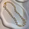 Collar de perlas de agua dulce irregulares barrocas de 8-9 mm, elegante cadena de clavícula con cuentas de cobre espaciadas y láser de Cyber Celebrity