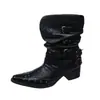 Botines vaqueros western plisados negros para mujer, estilo coreano, nuevos para primavera/otoño, botines sencillos, corte en V, remaches, punta fina, tacón grueso, Botas Martin