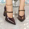 Comércio Exterior Transfronteiriço Estilo Europeu e Americano Marrom-Avermelhado Mais Vendido Moderno Confortável Versátil Elegante Bico Fino Mary Jane Salto Alto Sapatos Femininos