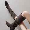 Botas Western Cowboy de Salto Grosso com Fivela de Cinto, Botas de Equitação Altas até o Joelho para Mulheres, Novo Estilo Inverno 2025, Botas Marrons