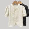Camisa de satén de manga corta para mujer, verano 2024, nuevo estilo nacional, elegante, de alta gama, estilo chino, con cuello vertical y hebilla.
