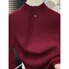 Suéter de Tricô Gola Alta Vermelho Ankora para Mulheres, Camada Interna Outono e Inverno, Suéter de Gola Média, Elegante Top Vinho