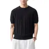 Camiseta Listrada Preta de Seda de Gelo Tricotada de Manga Curta, Elegante e Madura, para Homens, Roupas Casuais Masculinas Primavera/Verão 2026