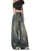 Jeans Rasgados de Estampado de Estrella Retro Hip-Hop Americano para Hombres y Mujeres de Calle Alta Vintage Sueltos de Pierna Ancha Modernos