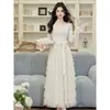 Vestido Bolo Francês Malha Patchwork Renda Vestido 2026 Outono/Inverno Novo Vestido Fada Ajustado Base Saia Longa