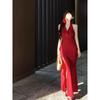 Estilo Chica Caliente Francesa Vestido Rojo Halter de Verano Chic para Mujer Vestido Largo con Abertura y Flor Tridimensional