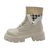 Botas Martin de Suela Gruesa con Puño de Punto Pied de Poule 2026 para Mujer, Forro de Borrego para Invierno, Aumentan la Estatura, Adelgazantes, Versátiles, Antideslizantes, Zapatos de Moda