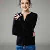Cárdigan Corto de Punto de Cachemira Rayado con Doble Cremallera para Mujer, Suéter Base de Cuello Redondo Ajustado para Principios de Otoño