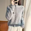 Cardigan de Veludo Macio Feminino Básico de Meia-Gola para Primavera e Outono, Padrão Ondulado Amigo da Pele, Versátil para o Trabalho, Pequeno, de Temperamento