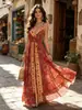 Vestido bohemio con tirantes y escote en V para mujer, nuevo estampado vintage de verano, vestido largo entallado a la cintura, estampado floral estilo vacacional