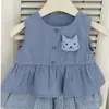 Conjunto de Verano para Niñas Súper Lindo Azul Dibujos Animados Chaleco de Conejo Pantalones Bombachos Cuadros Conjunto de Dos Piezas a la Moda